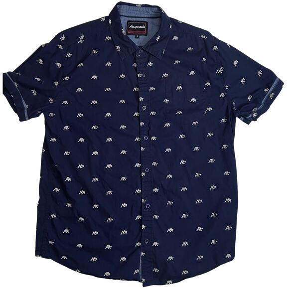 Aeropostale A87 Men’s Short Sleeve Button Up Shirt Large Navy Blue All Over Logo - Picture 6 of 11